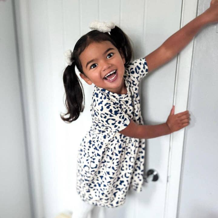 Girls Short Sleeve Cotton Dress - Blue Leopard print
