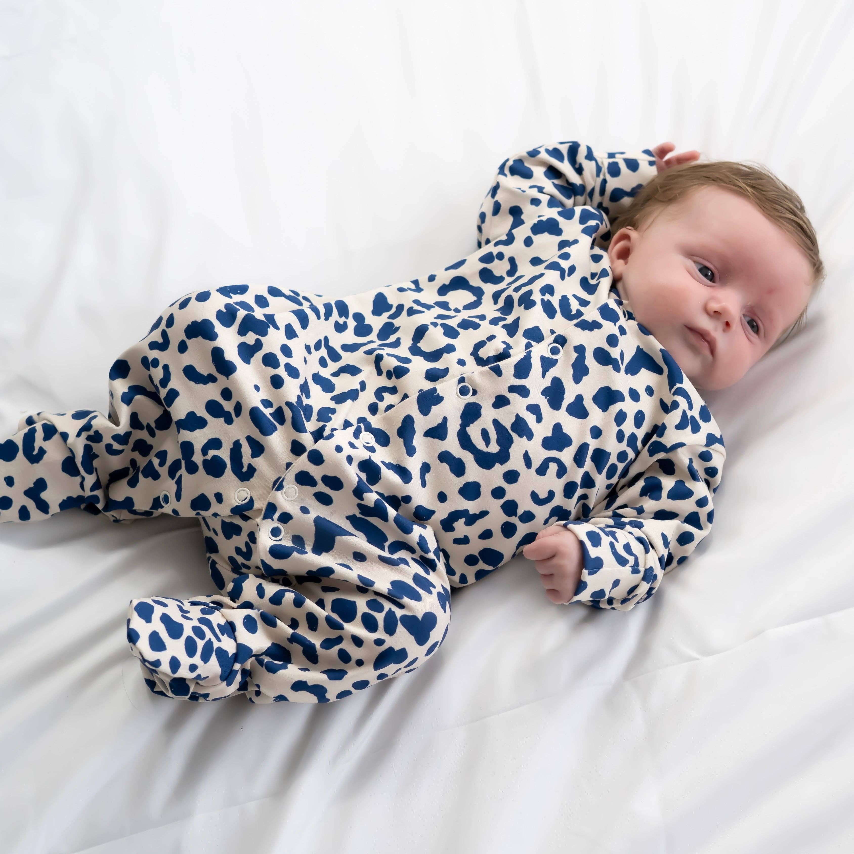 Unisex Baby Cotton Sleepsuit (Onesie) – Blue Leopard Print
