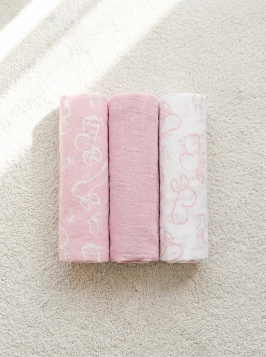 Pink 3pc Fun Bunny Assorted Muslin Squares