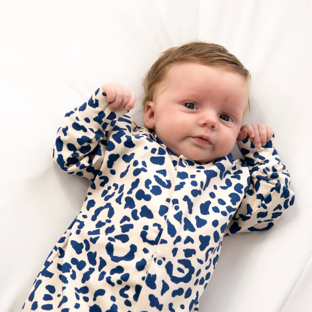 Unisex Baby Cotton Sleepsuit (Onesie) – Blue Leopard Print