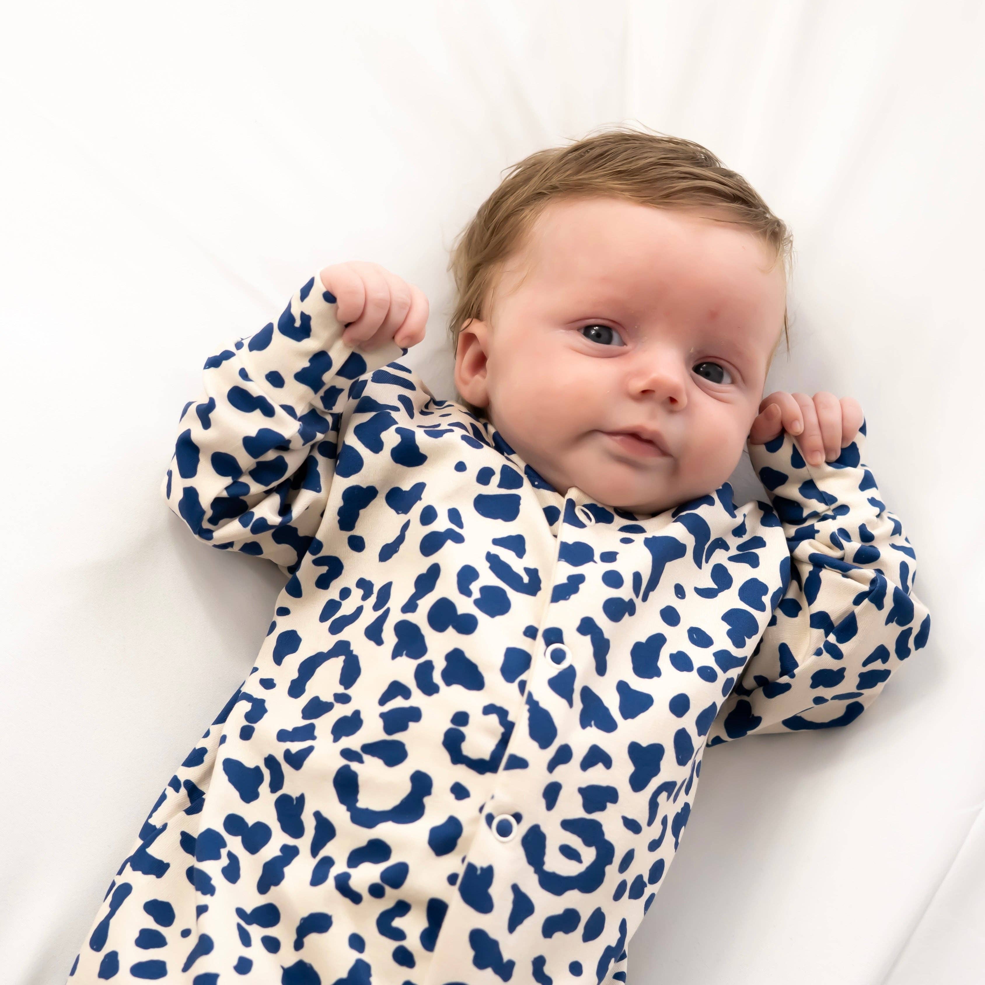 Unisex Baby Cotton Sleepsuit (Onesie) – Blue Leopard Print