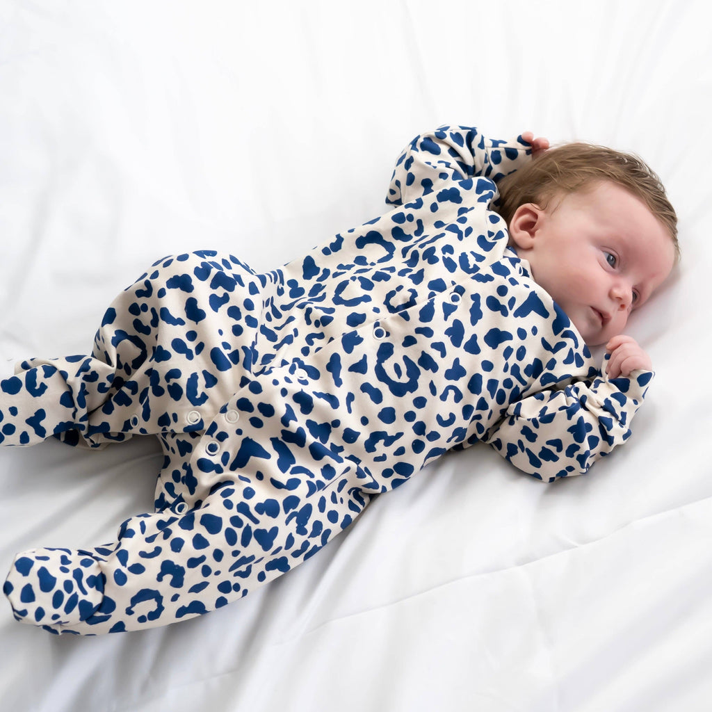 Unisex Baby Cotton Sleepsuit (Onesie) – Blue Leopard Print