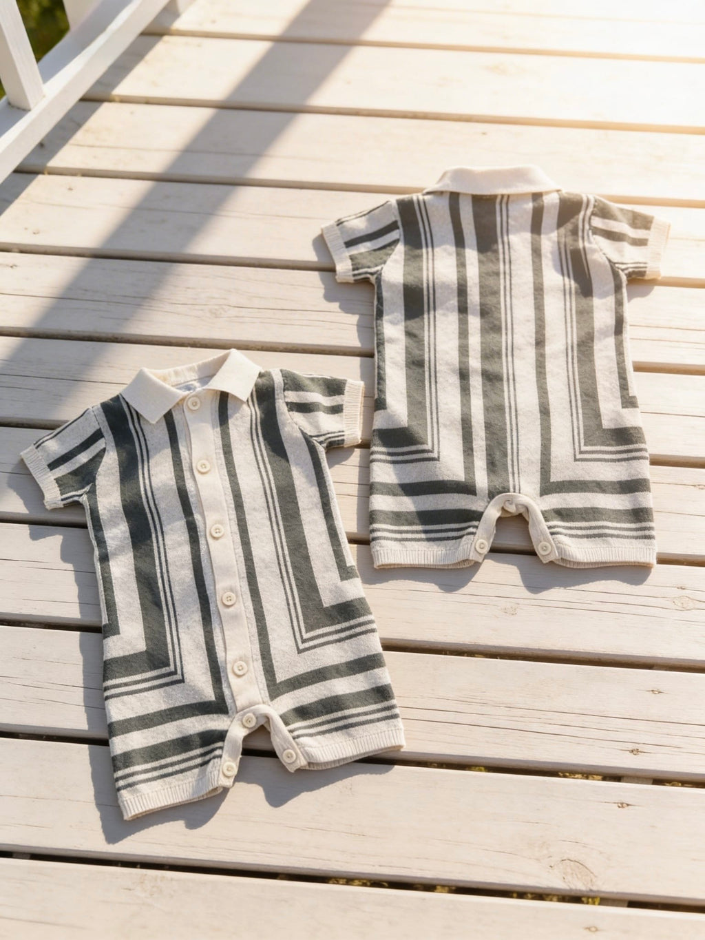 Baby Boys True Knit Romper - Green & Cream Stripes