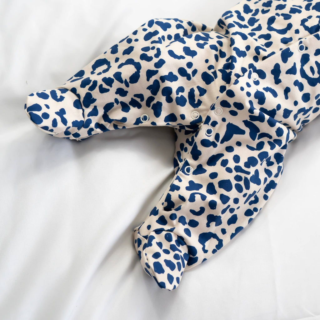 Unisex Baby Cotton Sleepsuit (Onesie) – Blue Leopard Print