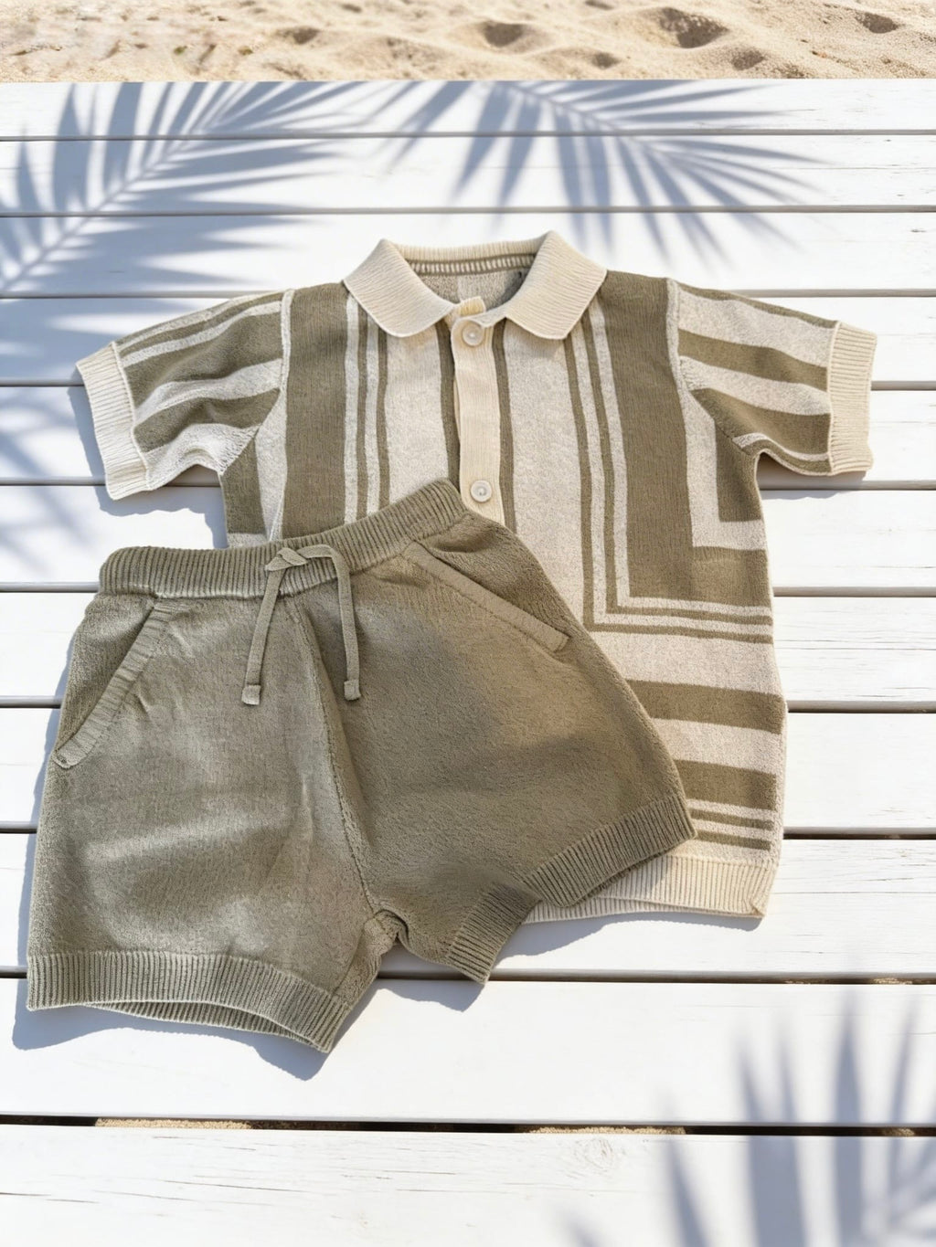 Boys True Knit Shirt & Shorts Outfit - Beige And Olive Green