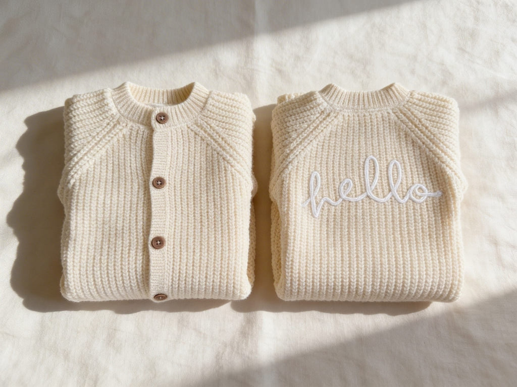 Lemon Knitted Cotton Baby’s Cardigan With Embroidery - Hello