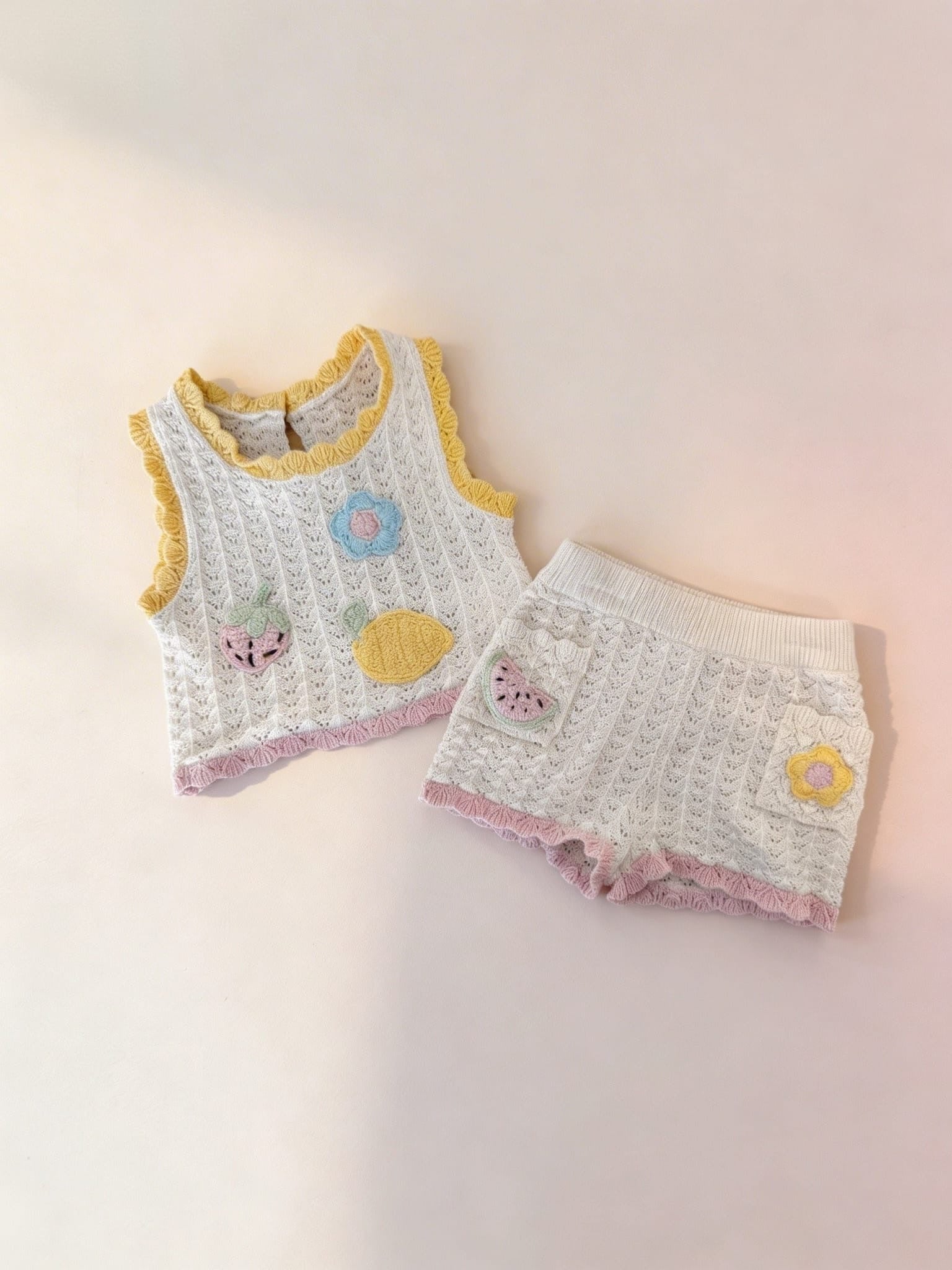 Girls Fruit Crochet True Knit Vest And Shorts Set