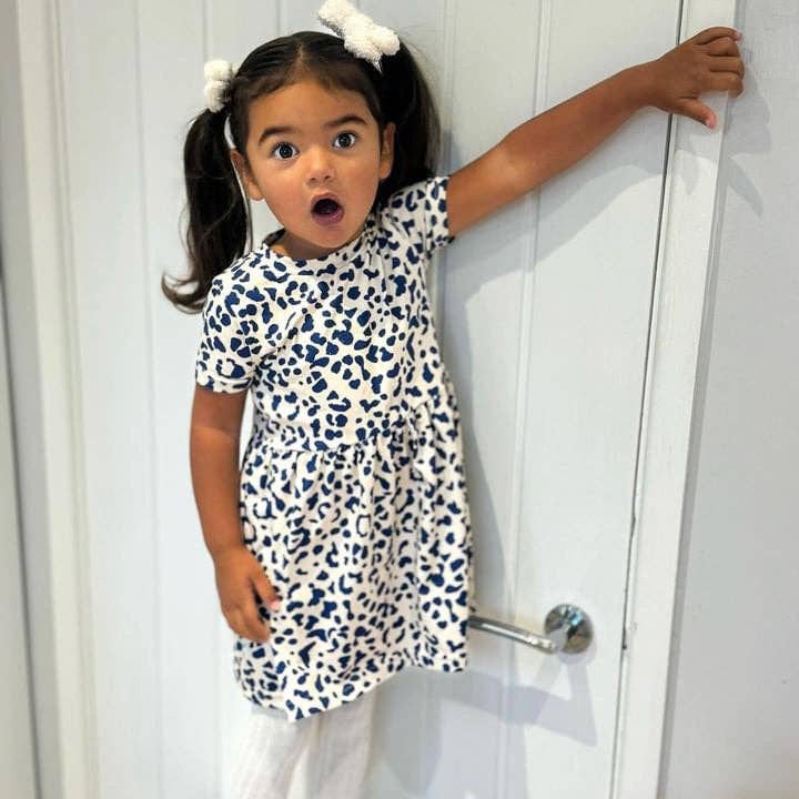 Girls Short Sleeve Cotton Dress - Blue Leopard print