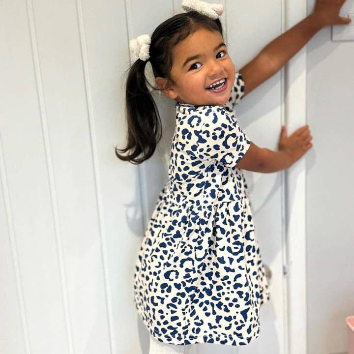 Girls Short Sleeve Cotton Dress - Blue Leopard print