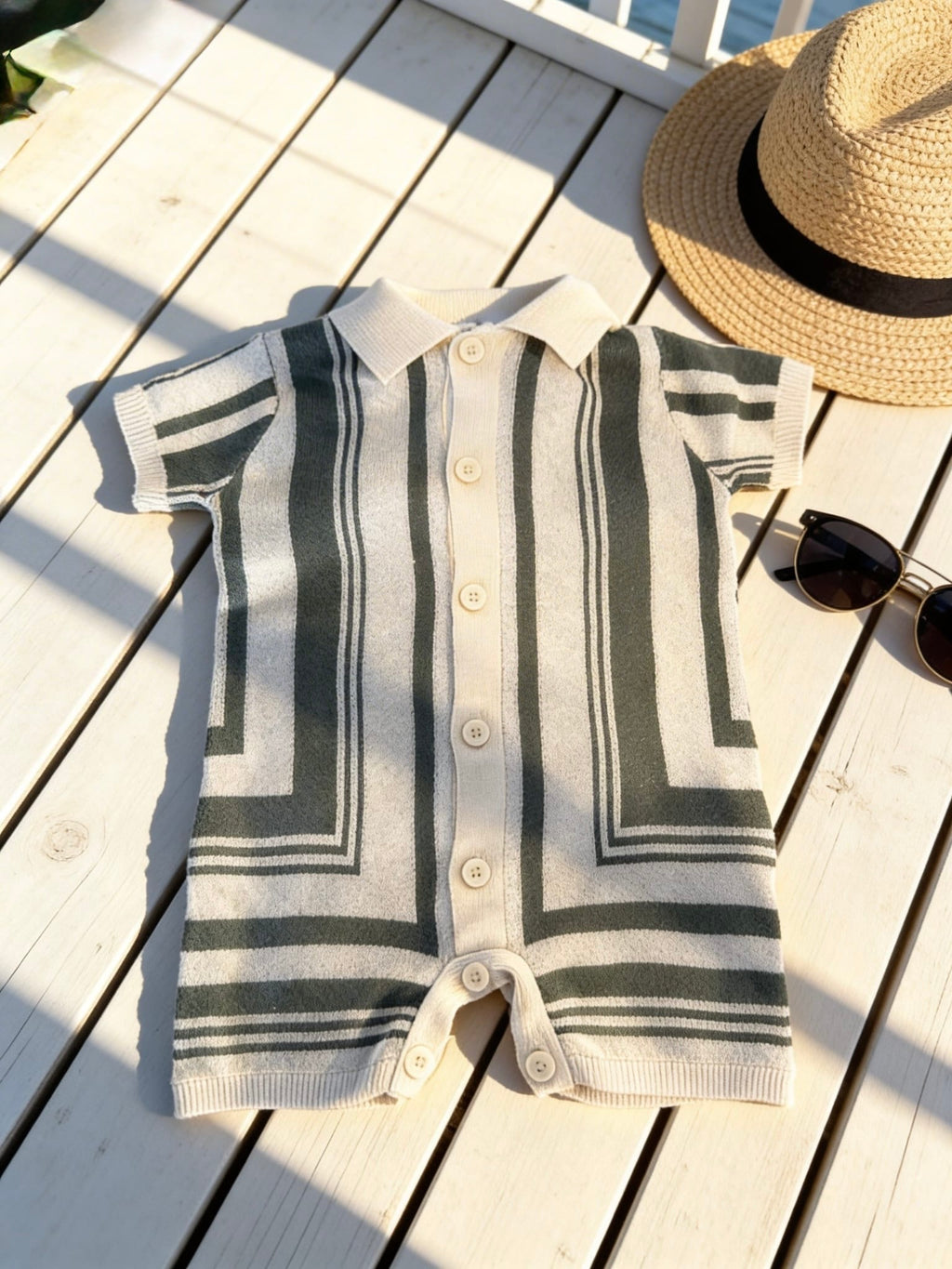 Baby Boys True Knit Romper - Green & Cream Stripes
