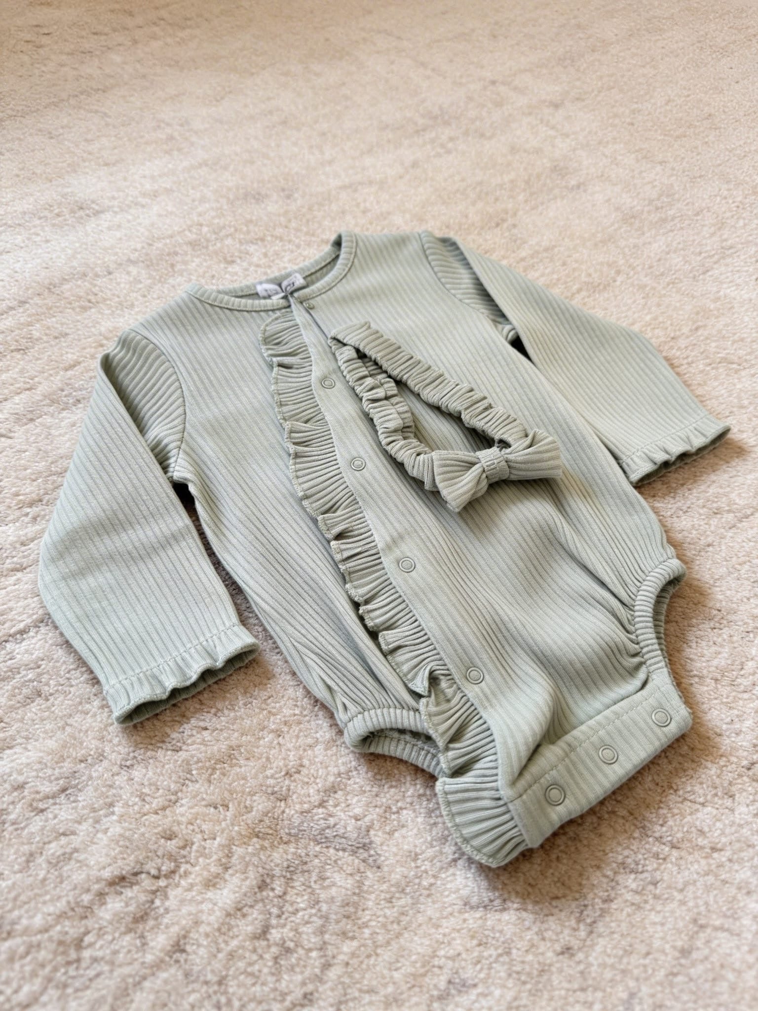 Baby Girls Sage Green Ribbed Romper And Headband Set