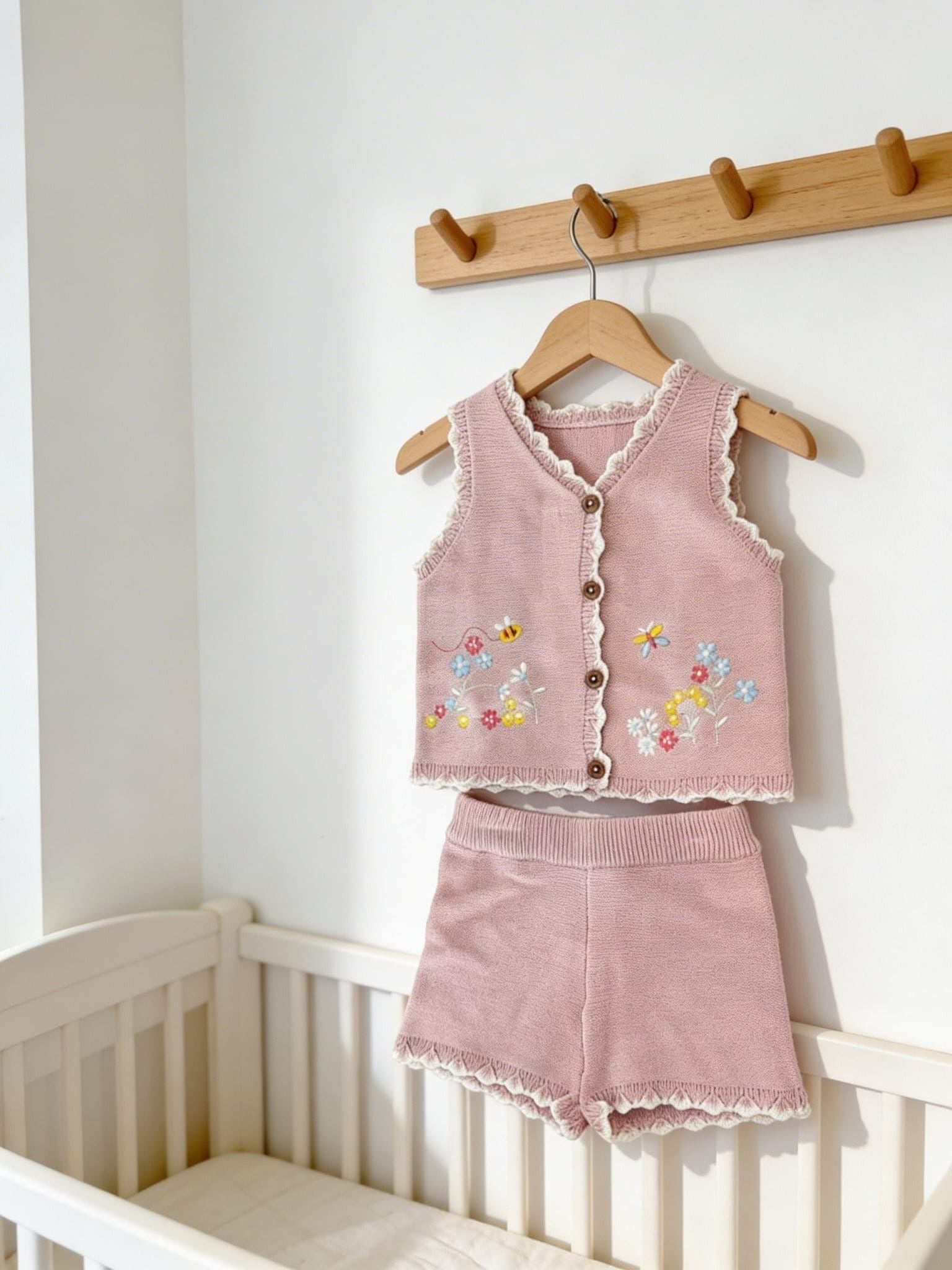 Girls Floral Embroidery Knitted Vest And Shorts Set