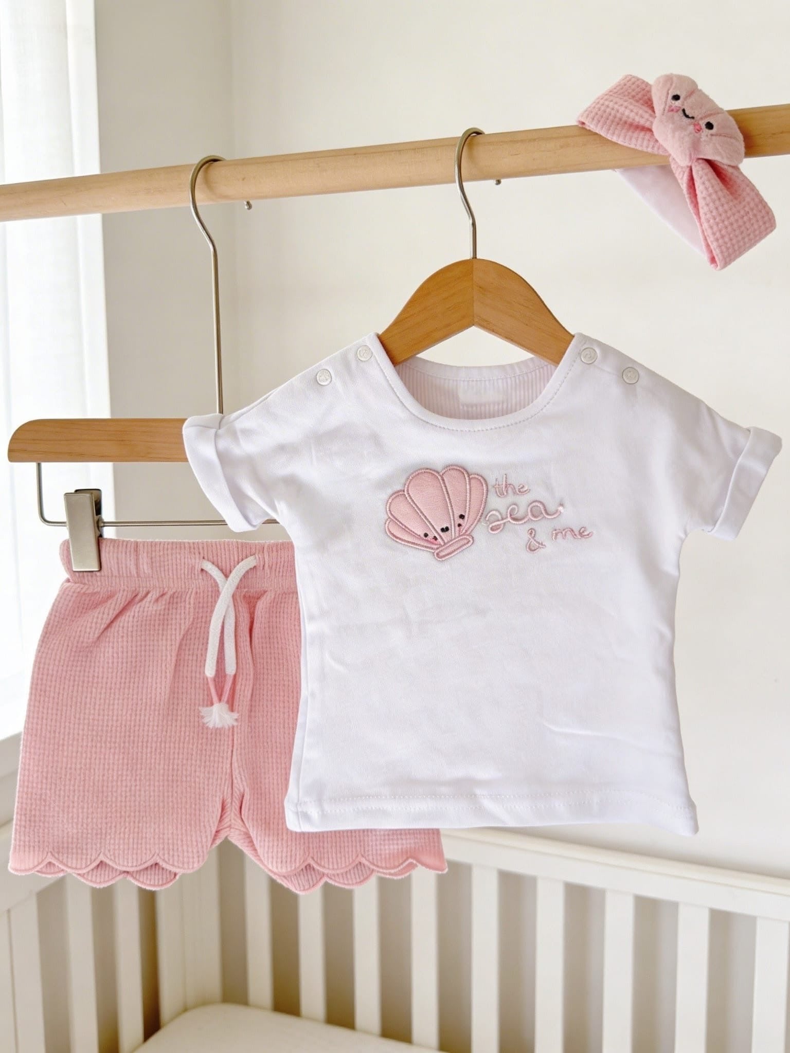 Baby Girls Waffle T-shirt And Shorts Set With Headband