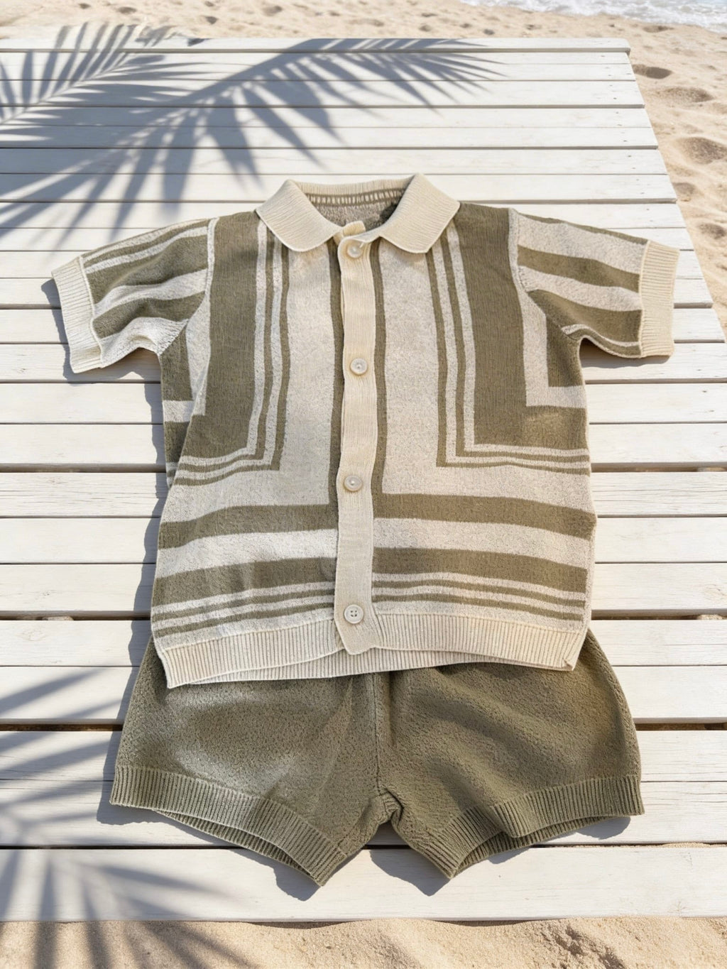 Boys True Knit Shirt & Shorts Outfit - Beige And Olive Green