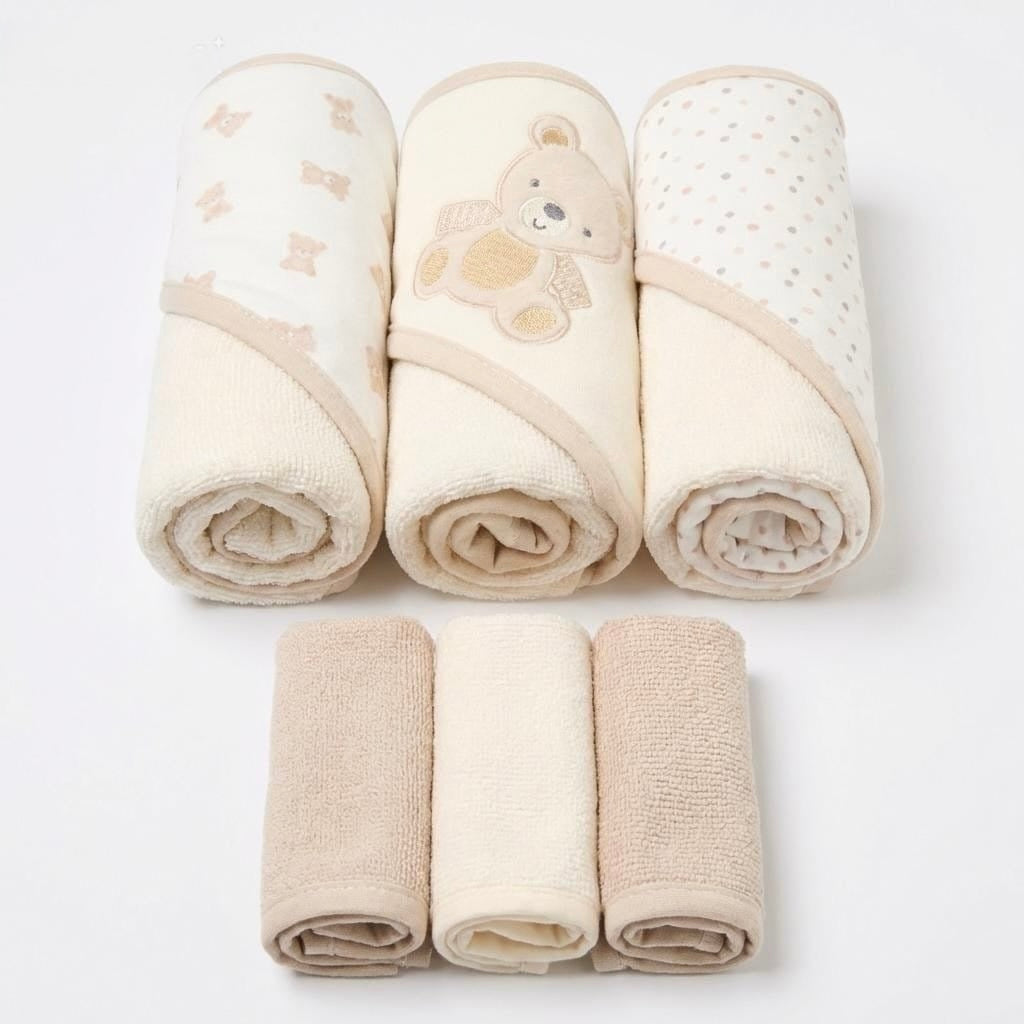 Beige Bear Hooded Towel And Wash Cloth Set