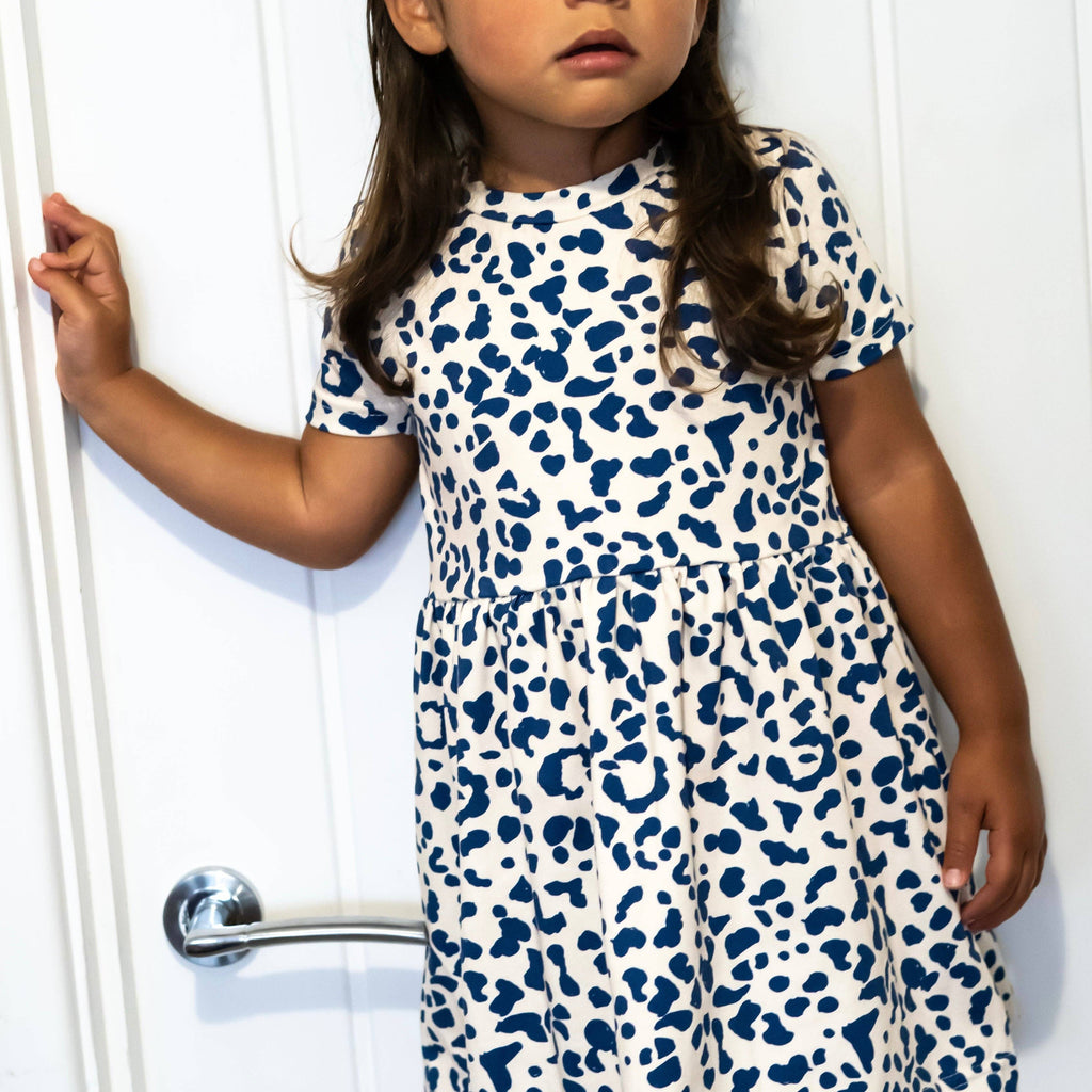 Girls Short Sleeve Cotton Dress - Blue Leopard print