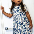 Girls Short Sleeve Cotton Dress - Blue Leopard print