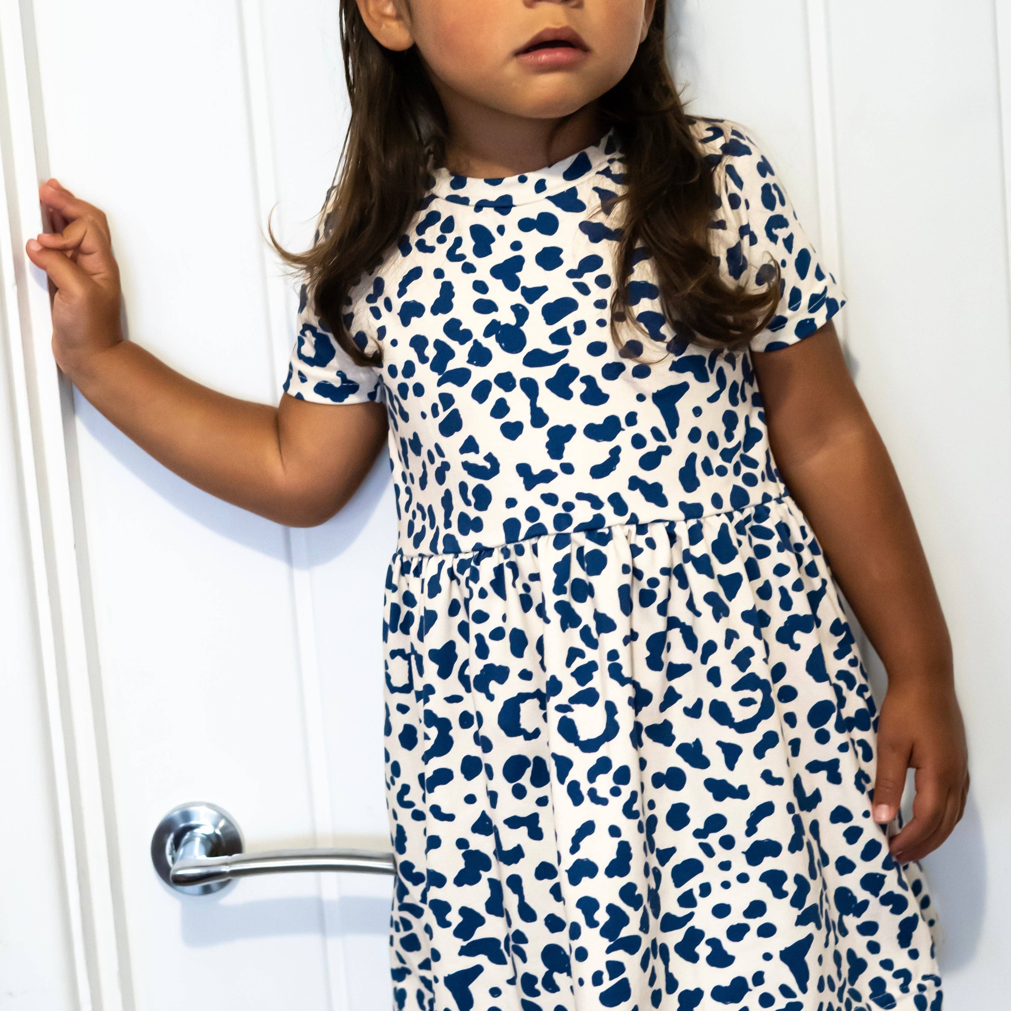 Girls Short Sleeve Cotton Dress - Blue Leopard print