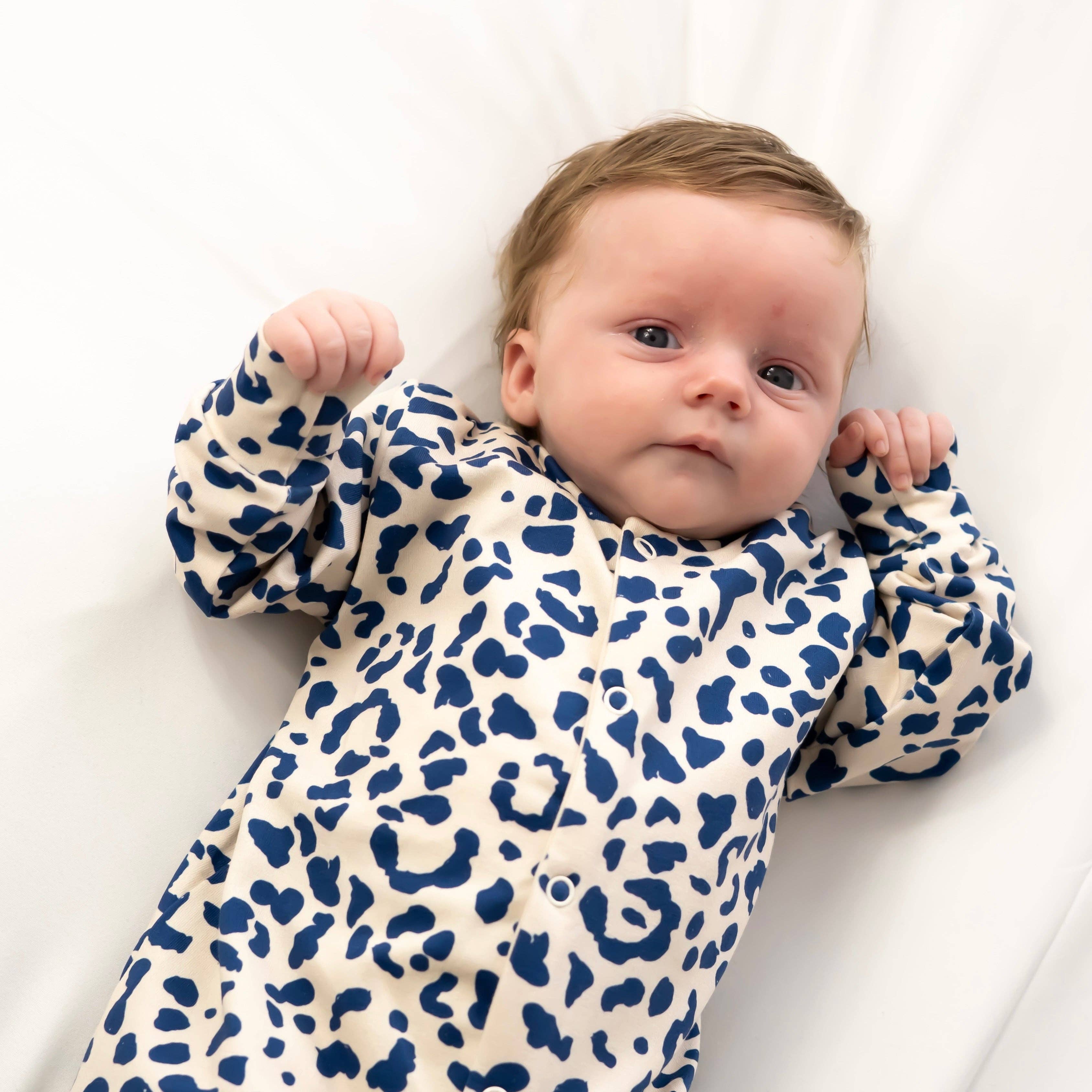 Unisex Baby Cotton Sleepsuit (Onesie) – Blue Leopard Print