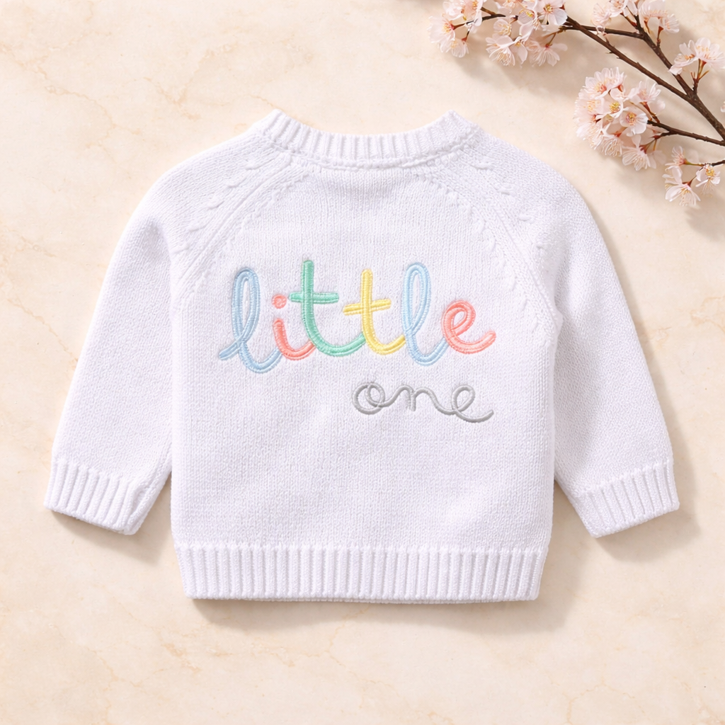 White Cotton Knit Cardigan With Embroidery - Little One