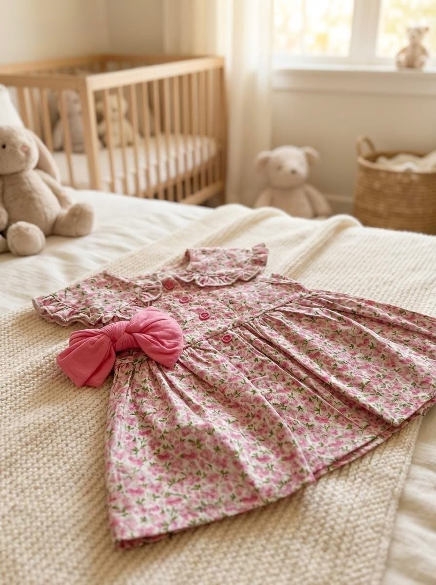 Baby Girl Pink Floral Dress Set With Headband