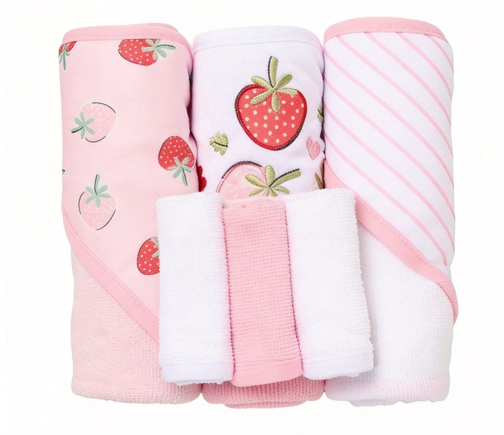 Pink Strawberry Hooded Towel And Wash Cloth Set