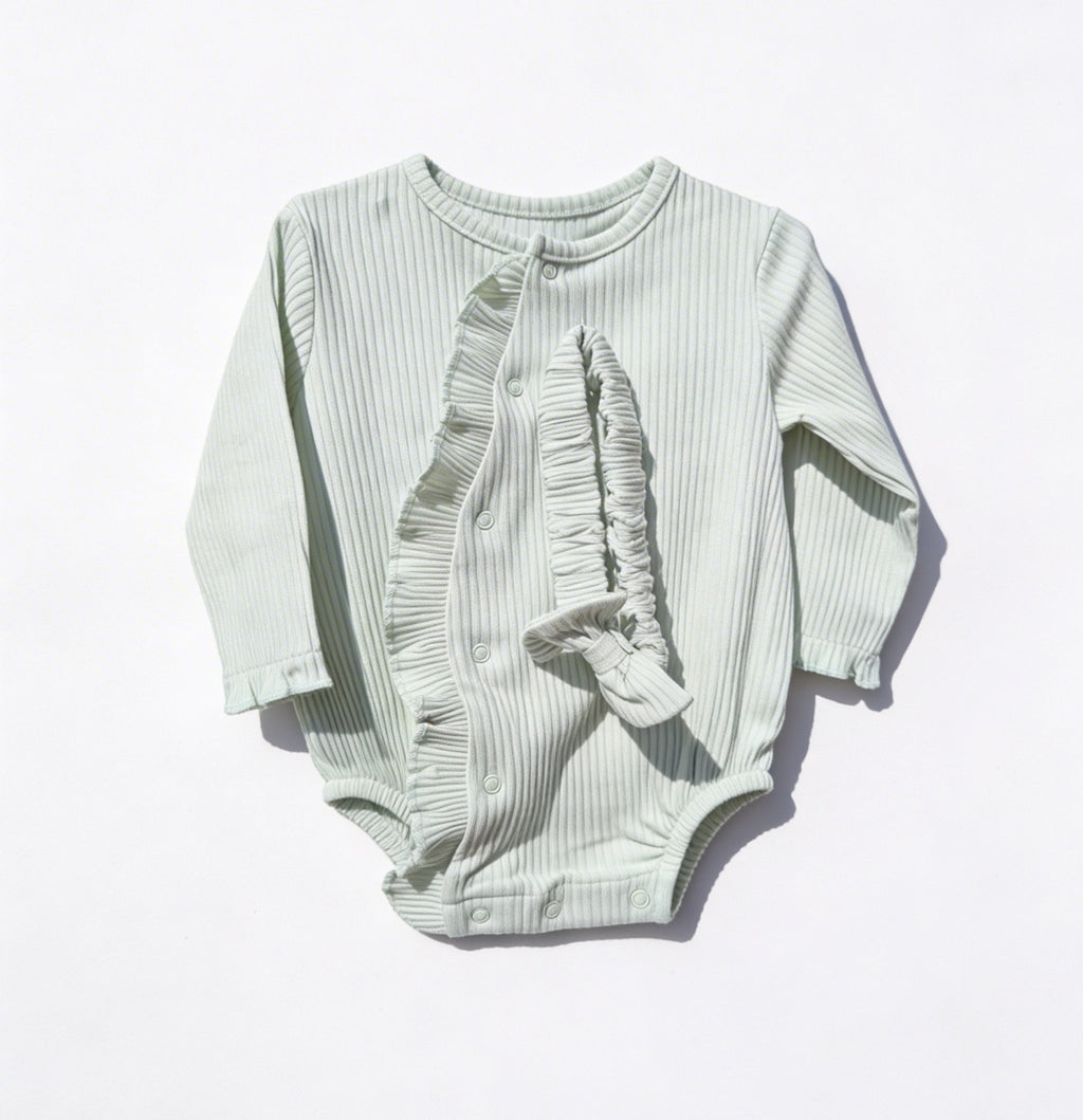 Baby Girls Sage Green Ribbed Romper And Headband Set