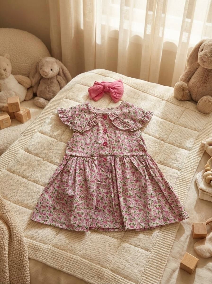 Baby Girl Pink Floral Dress Set With Headband